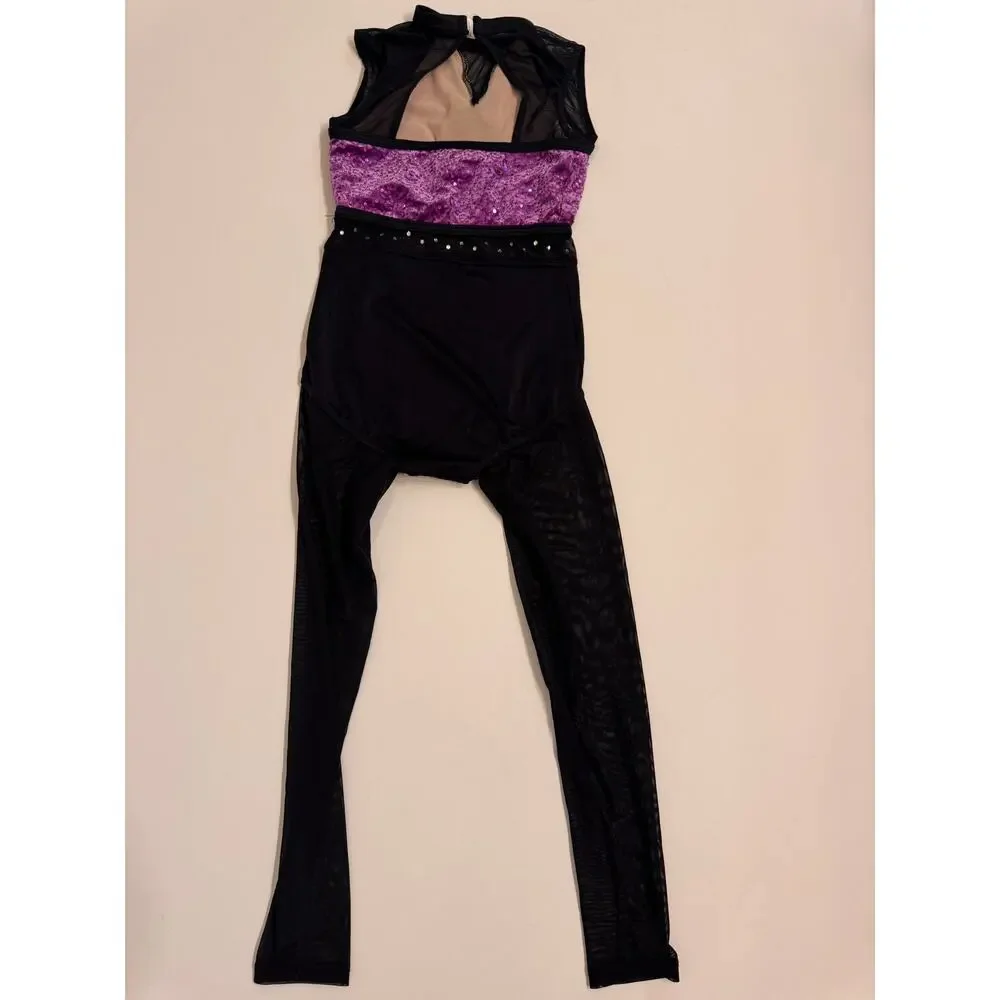 Weissman Purple and Black Mesh Unitard Size MC Medium Child Lined Stones